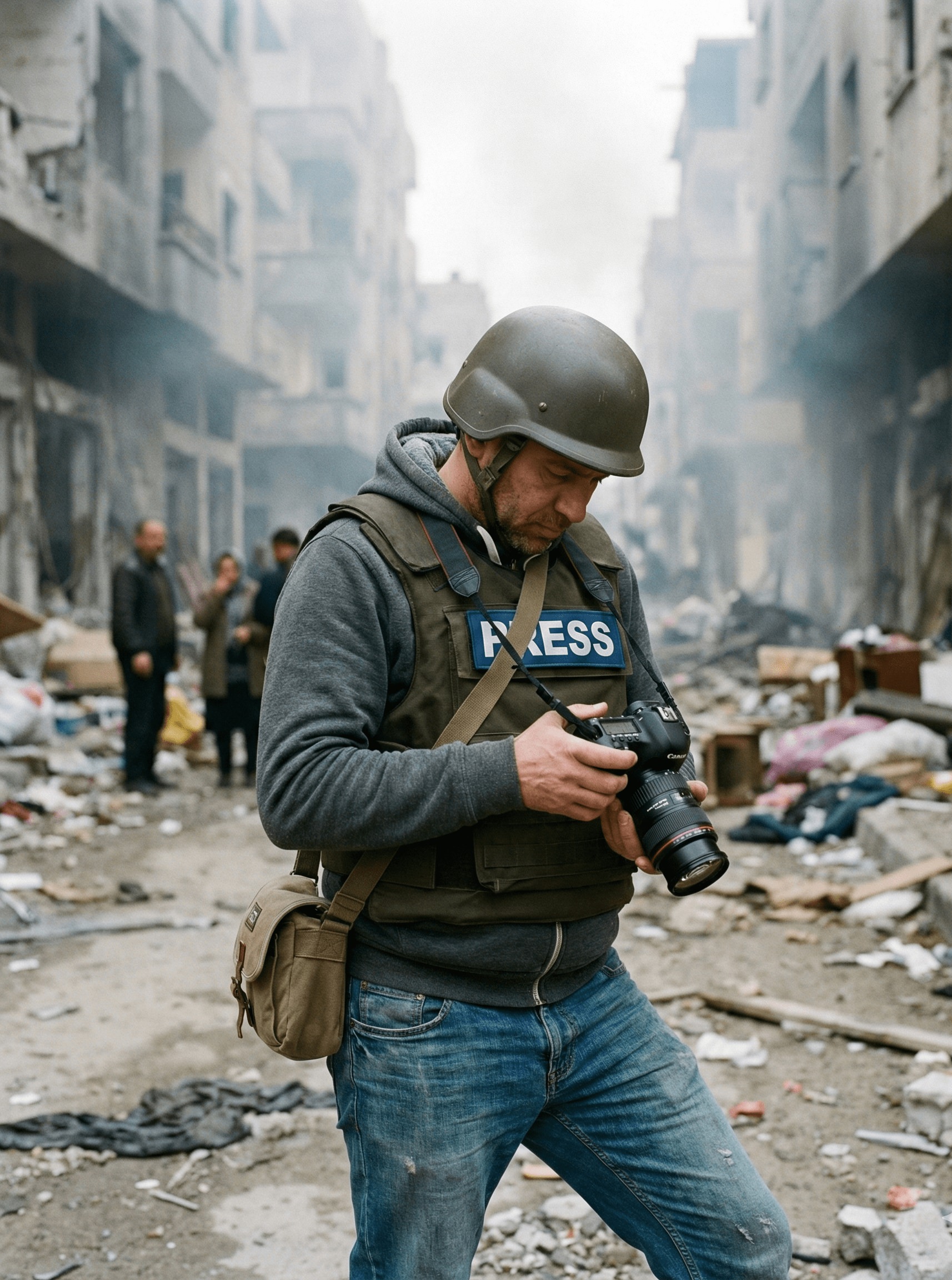 Frontline journalist wearing full ballistic kit in a conflict zone