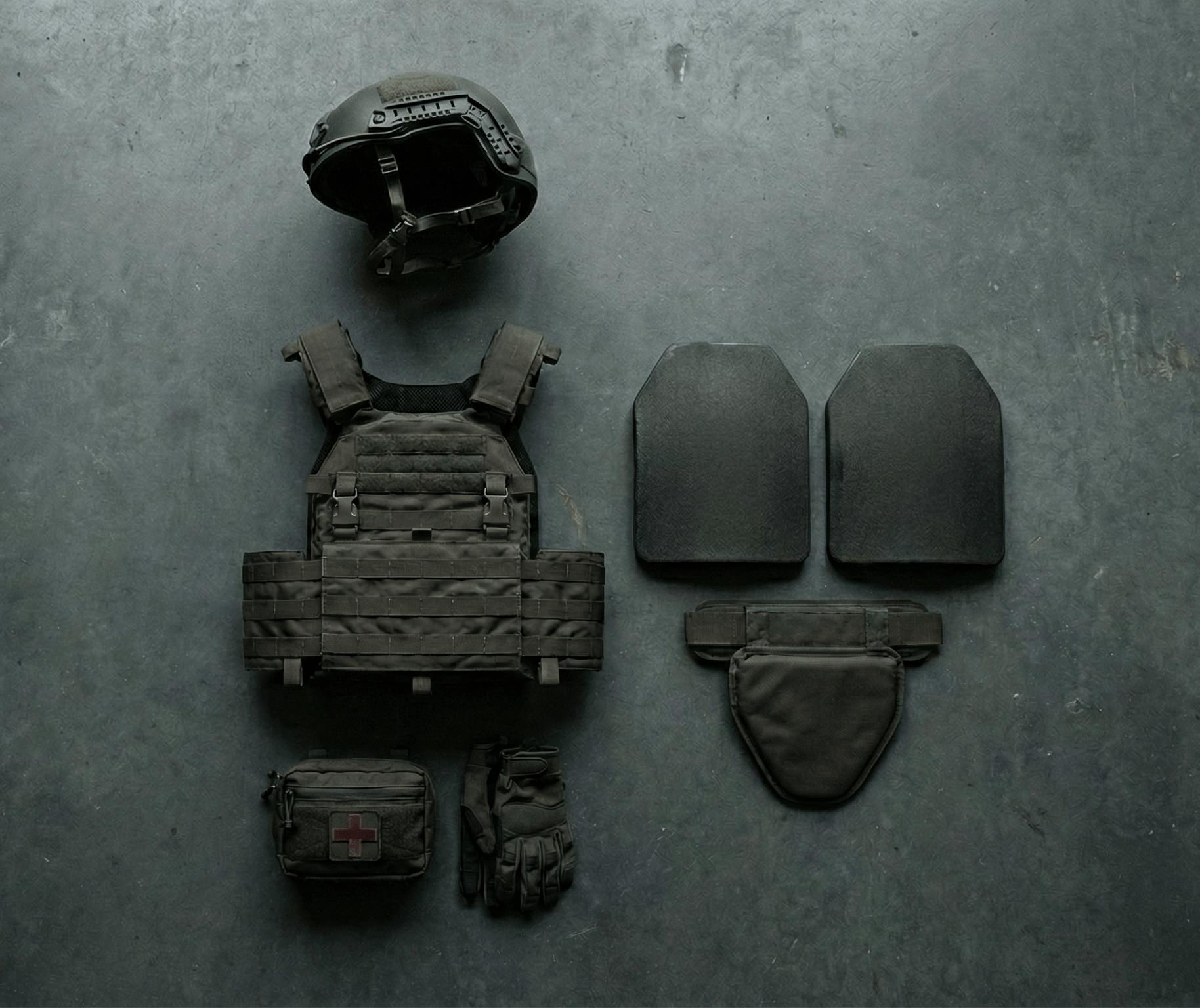 Flat lay of a complete frontline ballistic kit: vest, helmet and plates